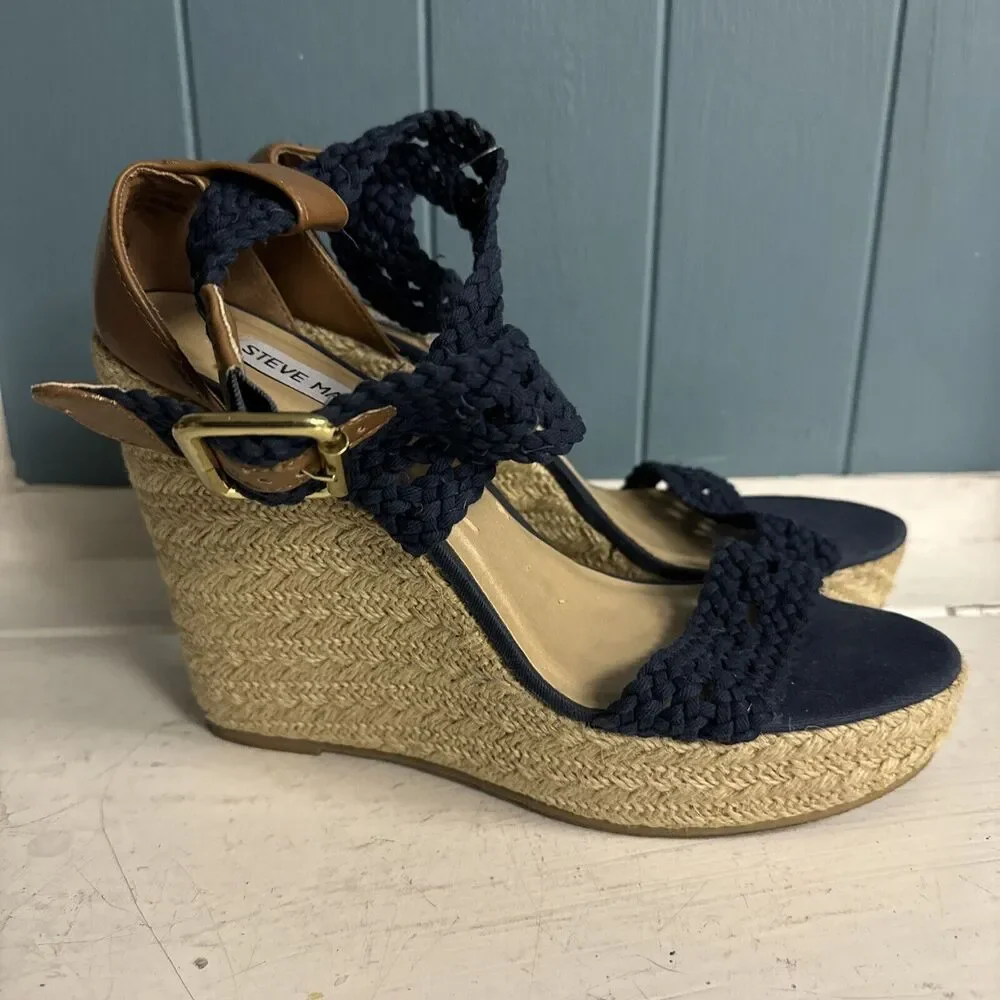 Steve Madden Navy Blue Knit High Heel‎ Wedge Espadrilles Women's Size 9.5